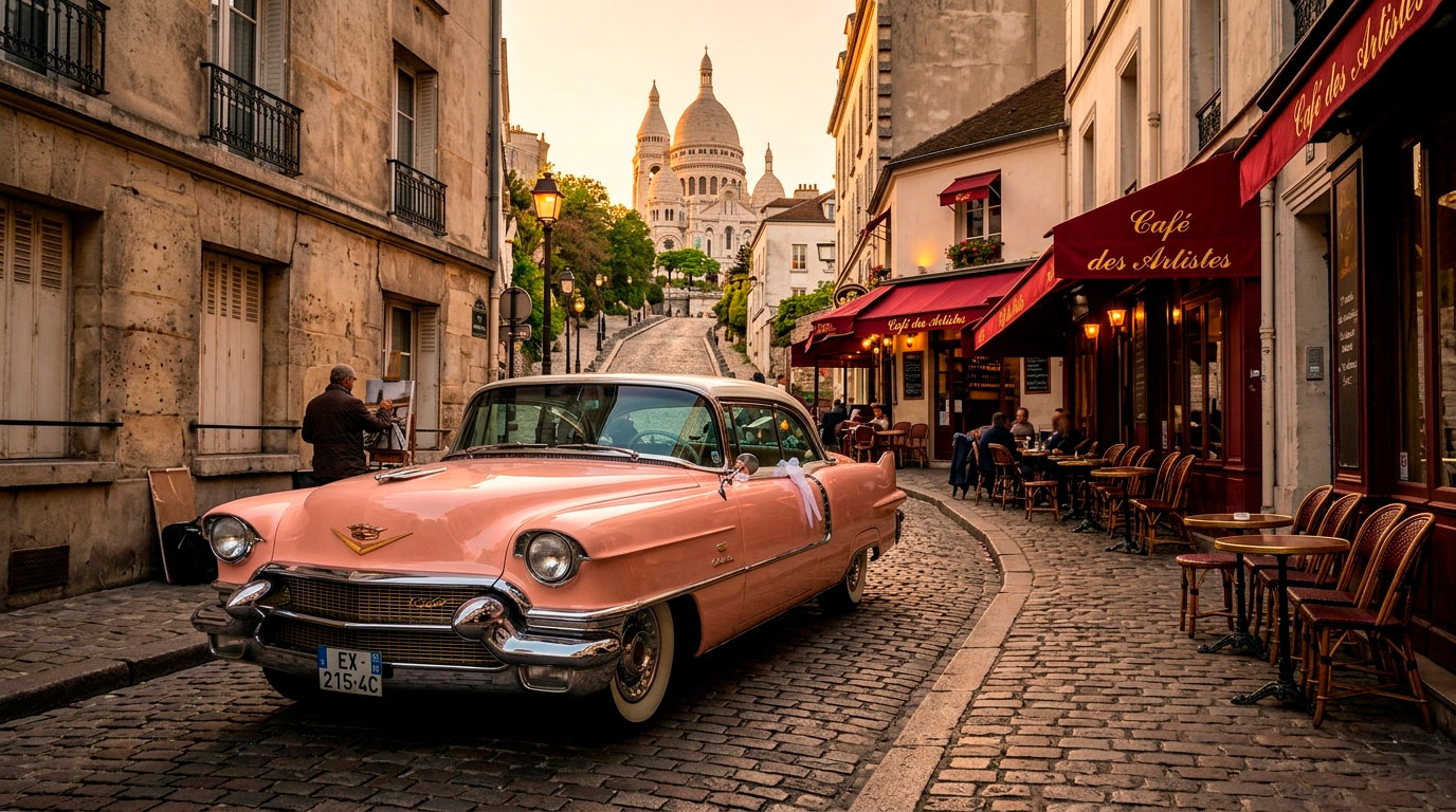 Balade en Cadillac dans les rues de Montmartre Paris